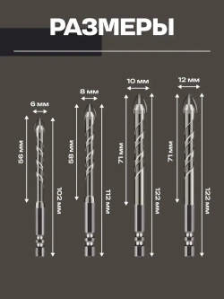 Набор направляемых сверл по стеклу, керамике и кафелю копьевидные 6, 8, 10, 12 мм с шестигранным хвостовиком (4 предмета)