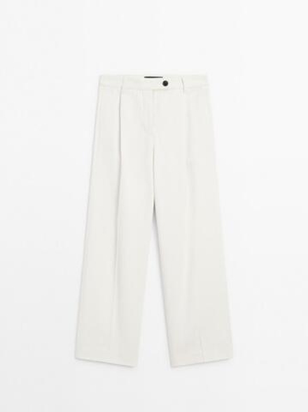 Massimo Dutti Широкие брюки из смесового хлопка со складками, натуральный, кремовый