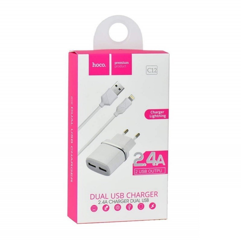 Сетевая зарядка HOCO C12 Smart + кабель Lightning (2xUsb 2.4 A)