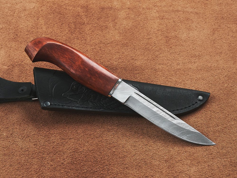 Финский нож Пуукко, дамасская сталь, рукоять мореная карельская берёза