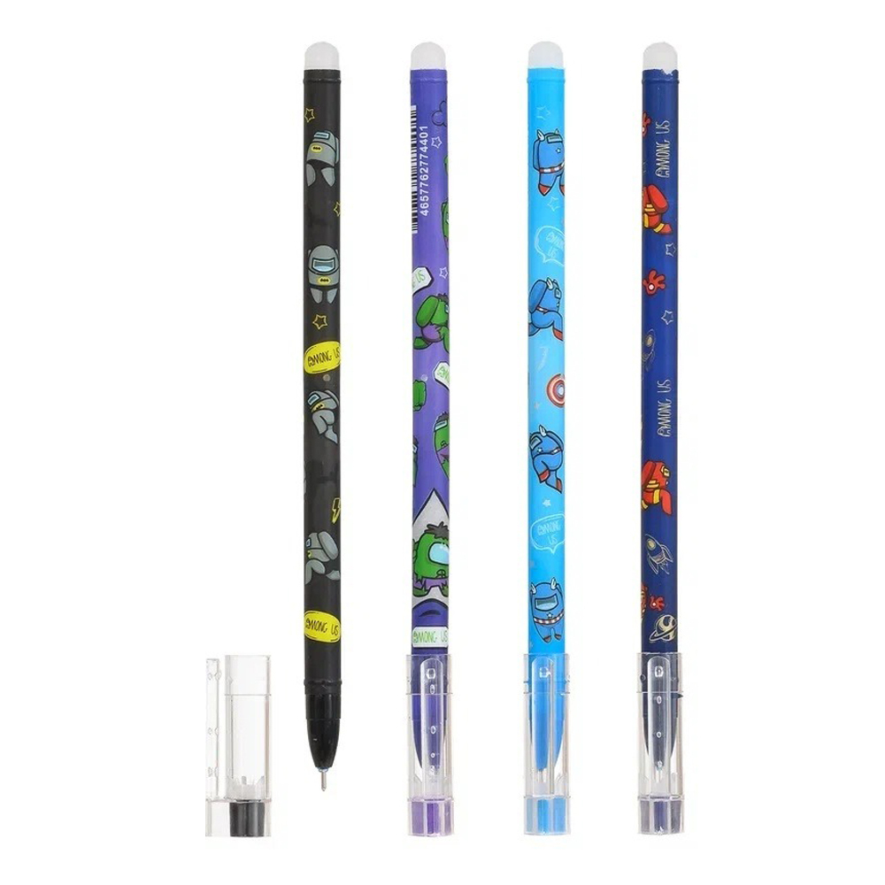 Ручка гелевая, пиши-стирай, Basir, синие чернила, серия "Астронавты", 4 цвета корпуса, 12 шт