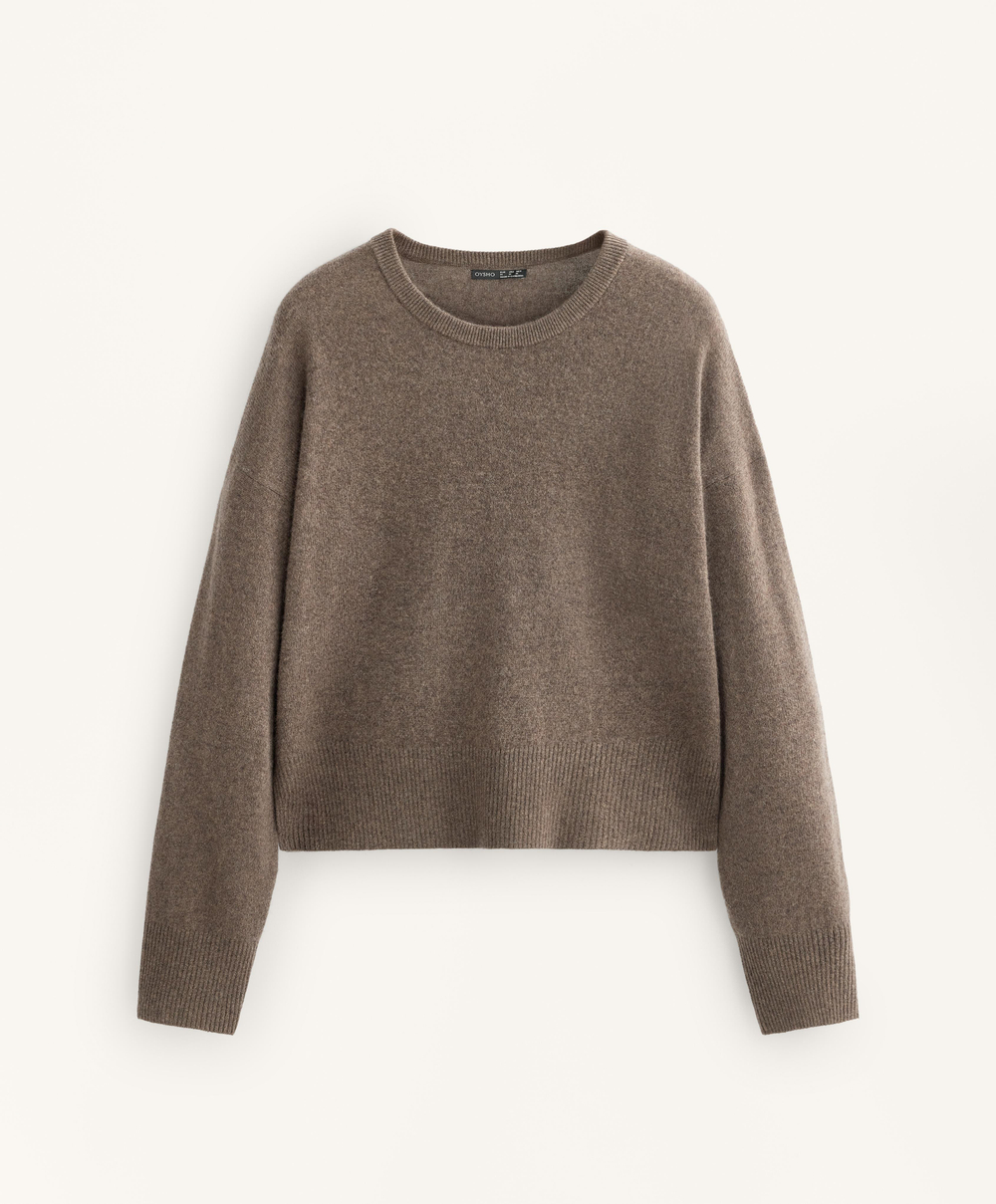 Oysho Джемпер с круглым вырезом из 100% кашемира, серо-коричневый