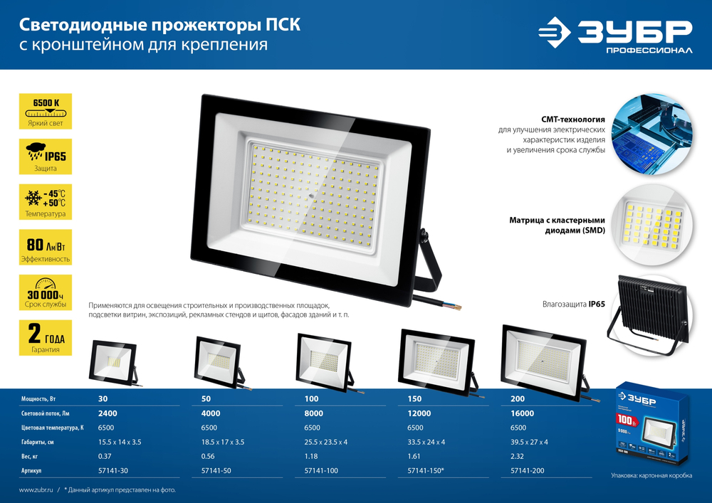 ЗУБР ПСК-50, 50 Вт, 6500 К, IP 65, светодиодный прожектор, Профессионал (57141-50)