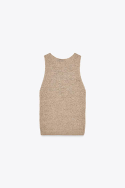 ZARA ТРИКОТАЖНЫЙ ТОП В СТИЛЕ РУСТИК, ПЕСОЧНЫЙ/КОРИЧНЕВЫЙ