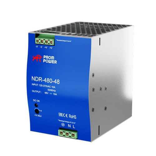 Источник питания NDR-480-48, на выходе 48 В DC, 10 А, 480 Вт. Входное 85-264 В AC (120-370 В DC)
