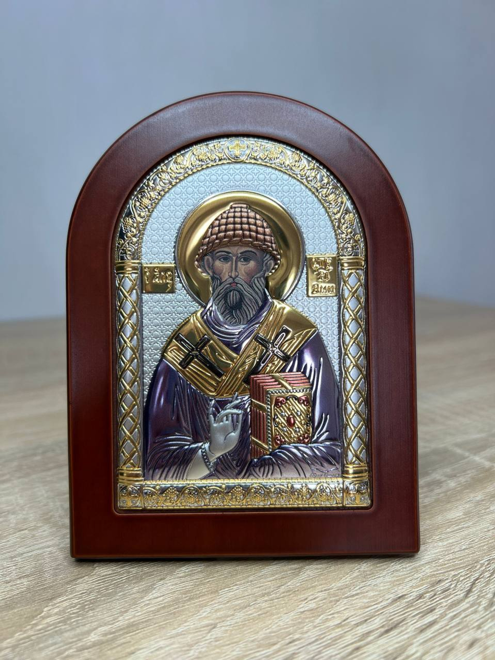 Спиридон, икона арочная, красное дерево, эмаль 105х140