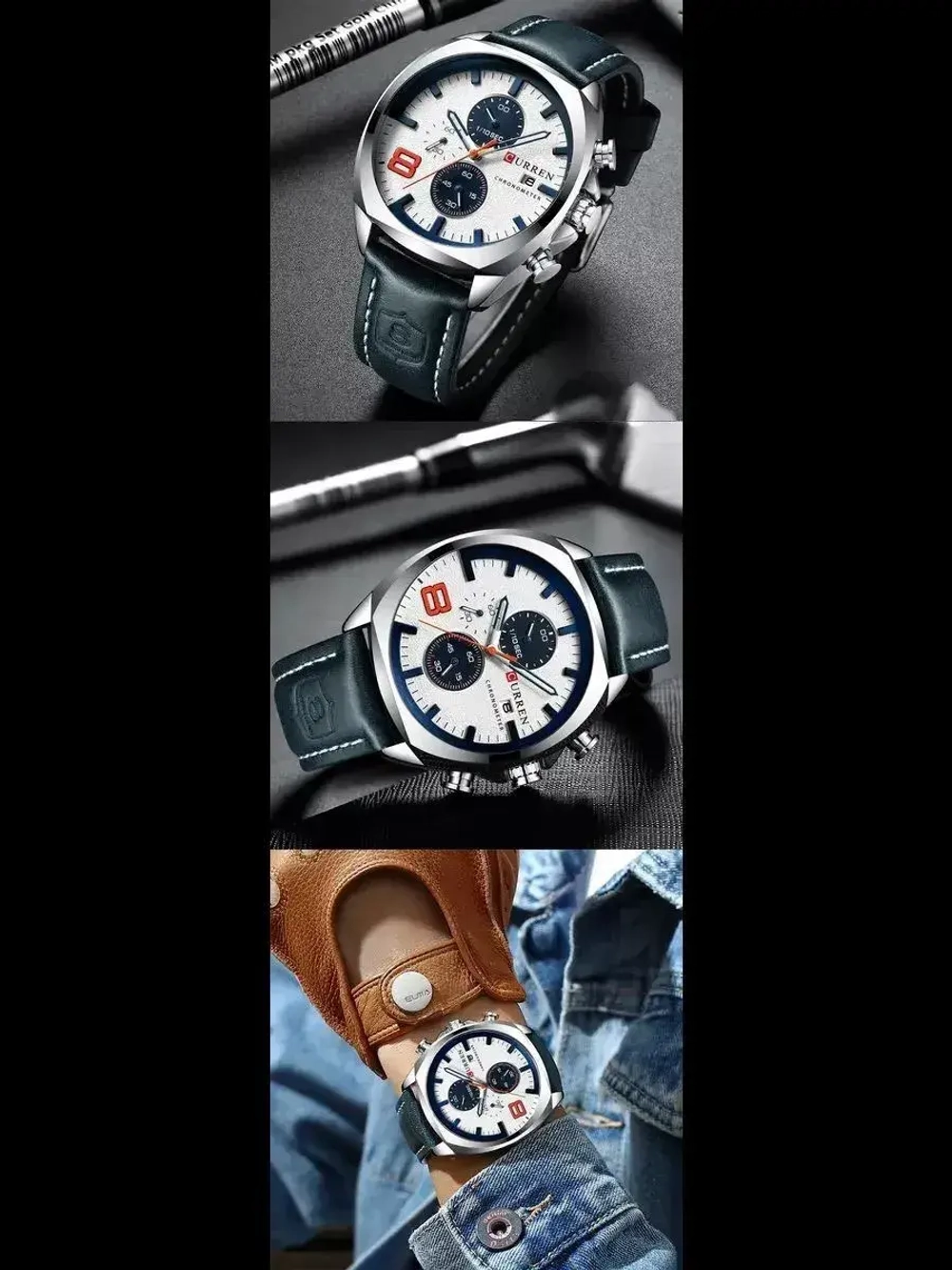 Часы наручные кварцевые CURREN на кожаном ремешке, серебристый/синий W8490-02