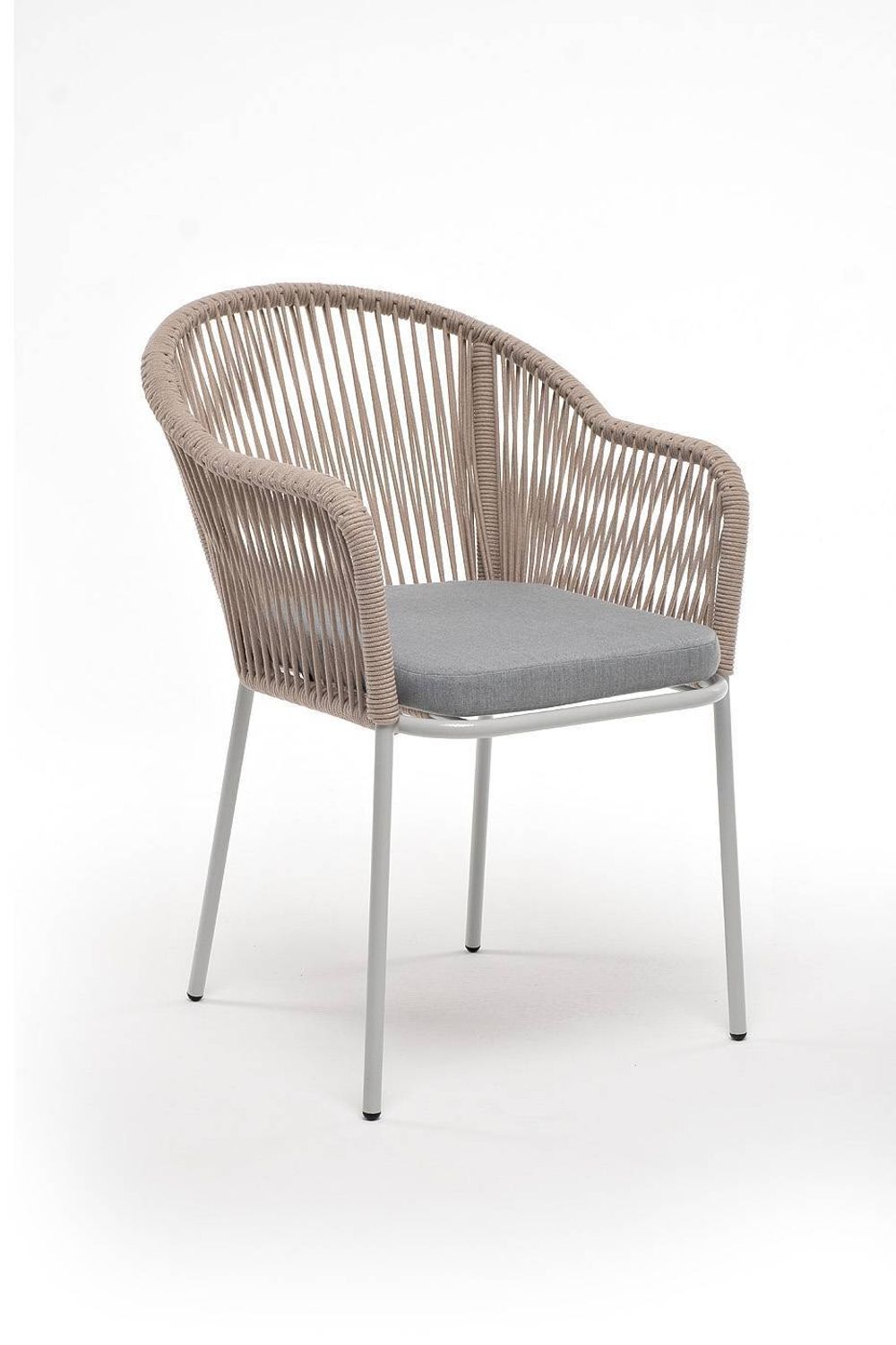 "Лион" стул плетеный из роупа, каркас из стали светло-серый (RAL7035) муар, роуп бежевый круглый, ткань светло-серая