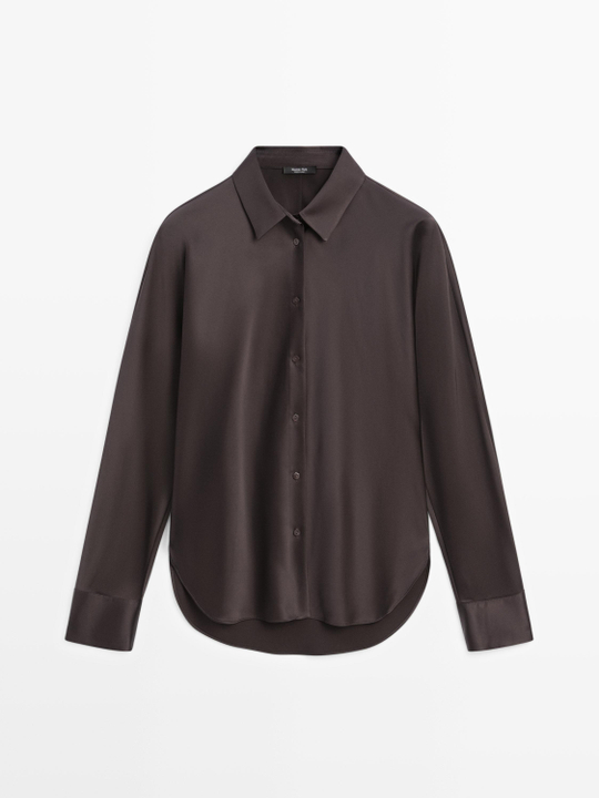 Massimo Dutti Атласная рубашка с рукавами «летучая мышь», шоколадный
