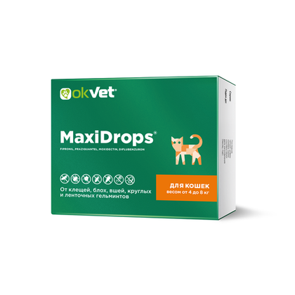 OKVET MAXIDROPS Капли от блох, клещей и гельминтов для кошек массой 4-8 кг