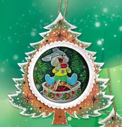 Деревянная игрушка на елку. Художник Владимир Зарубин. Елка с зайцем