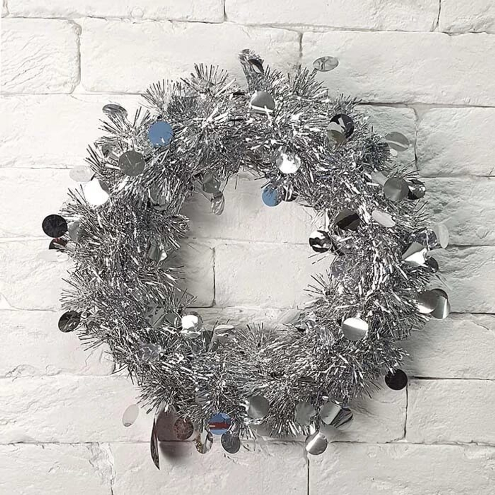 Венок, мишура, подвесной серебряный 30см