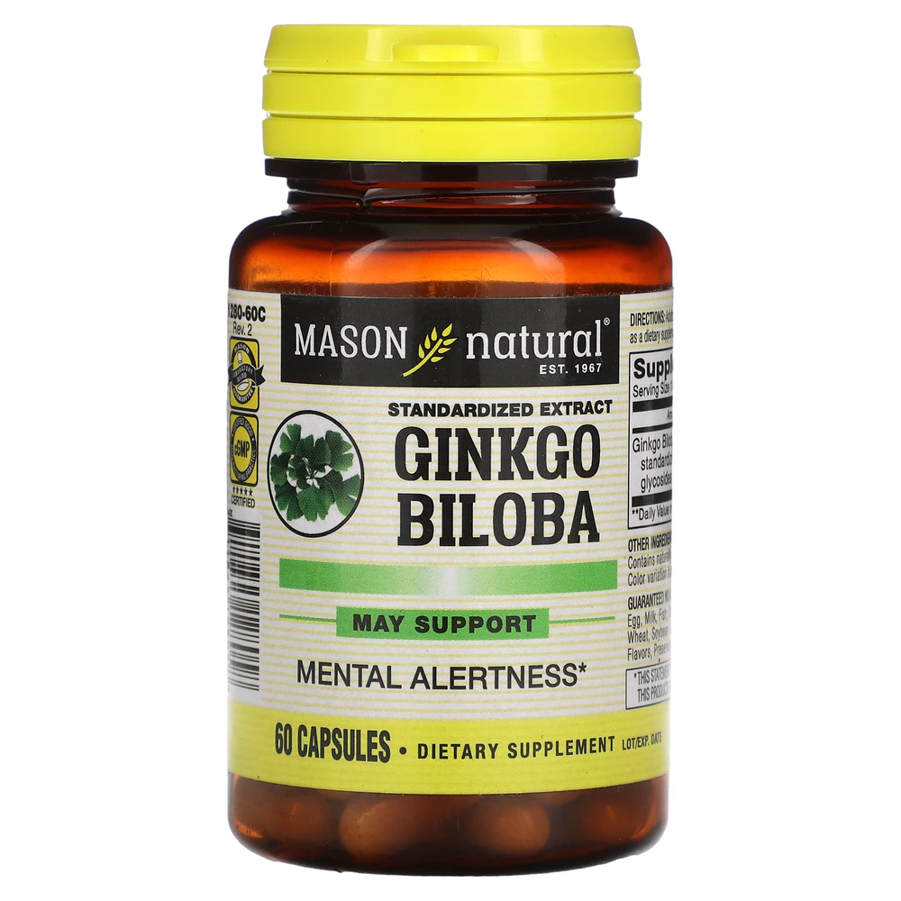 Mason Natural, гинкго билоба, стандартизированный экстракт, 60 капсул