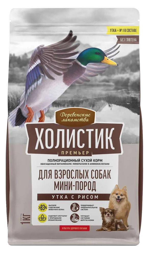 Деревенские лакомства 7кг Сухой корм для собак мелких пород, Утка рис