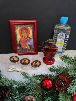 Набор для каждения ладана: Ладан Афонский 3 вида по 10 гр, Вазелиновое масло (0,5 л), Красная лампада из стекла, держатель, фитиль, паучок