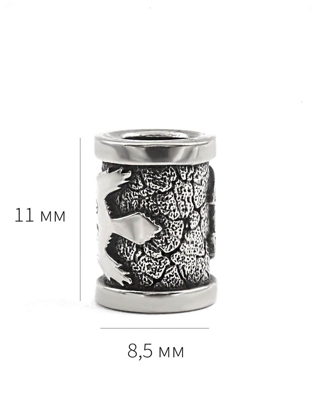 Фотография с размерами шарма бусины из серебра Ворон талисман оберег