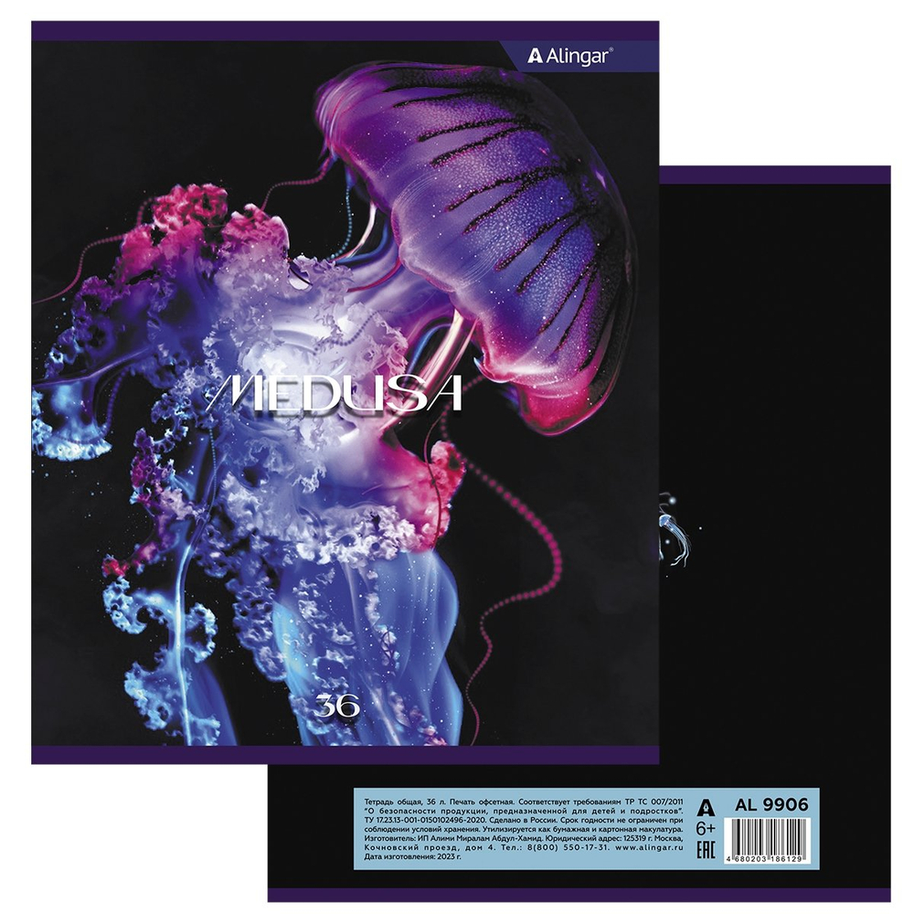 Тетрадь 36 л., А5, клетка, Alingar "Медузы", скрепка, второй блок, мелованный картон (стандарт), 4 дизайна в пленке т/у