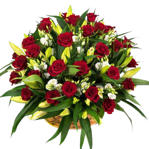 Траурная корзина из живых цветов «Розы, лилии, лизиантусы»