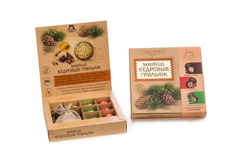 Мягкий кедровый грильяж Ассорти (классик/шишка/ клюква) с чаем / коробка / 120 гр / Территория Тайги
