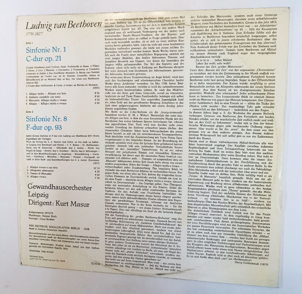 Винтажная виниловая пластинка LP L. V. Beethoven Бетховен Gewandhausorchester Leipzig, Kurt Masur Sinfonie Nr. 1, Sinfonie Nr. 8 (ГДР 1975)