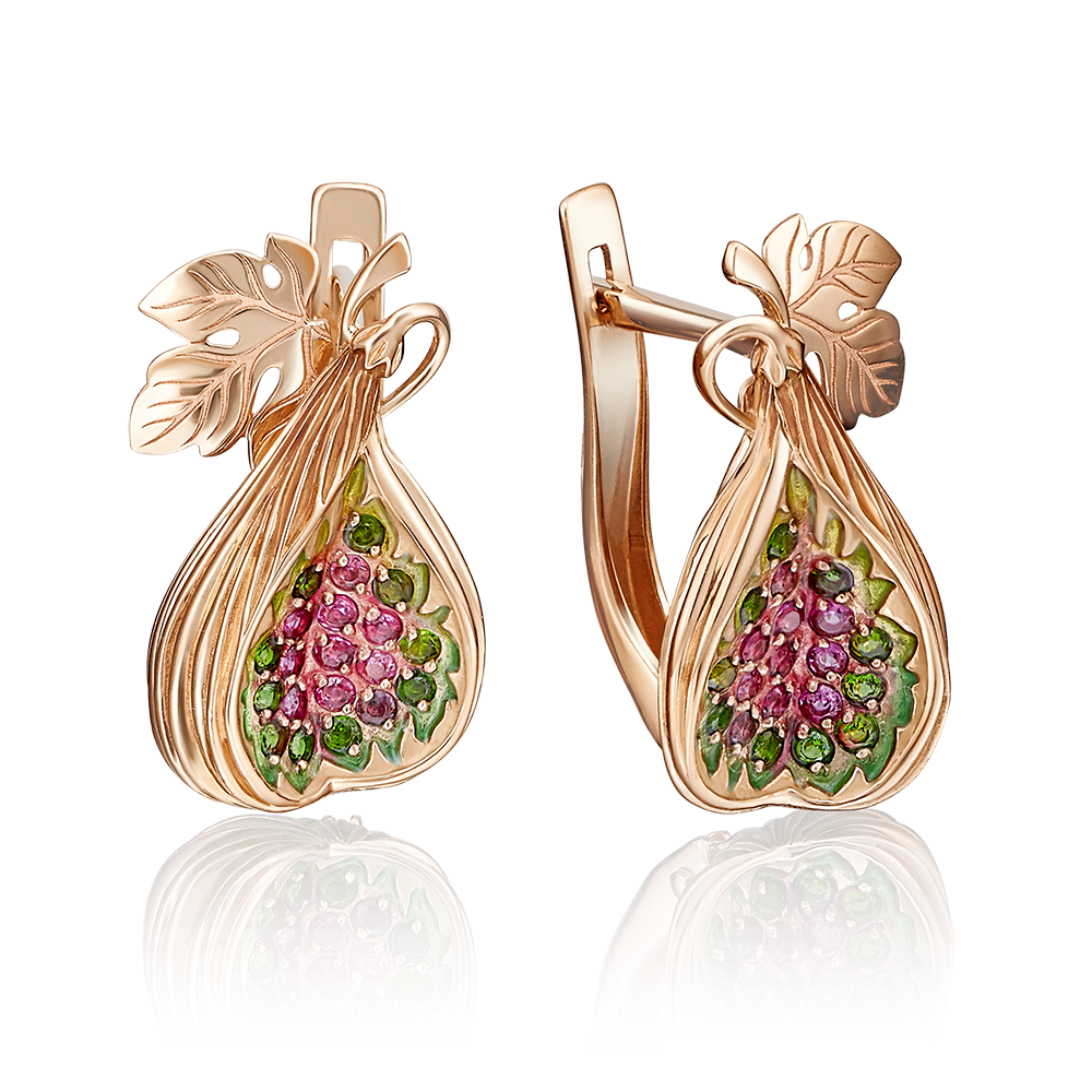 Серьги «Инжиры» с английским замком из красного золота с гранатами, хромдиопсидами и эмалью