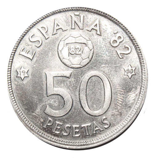 50 песет 1980 год. Испания. Чемпионат мира по футболу в Испании 1982. Футбол. Спорт. 80 внутри звезды
