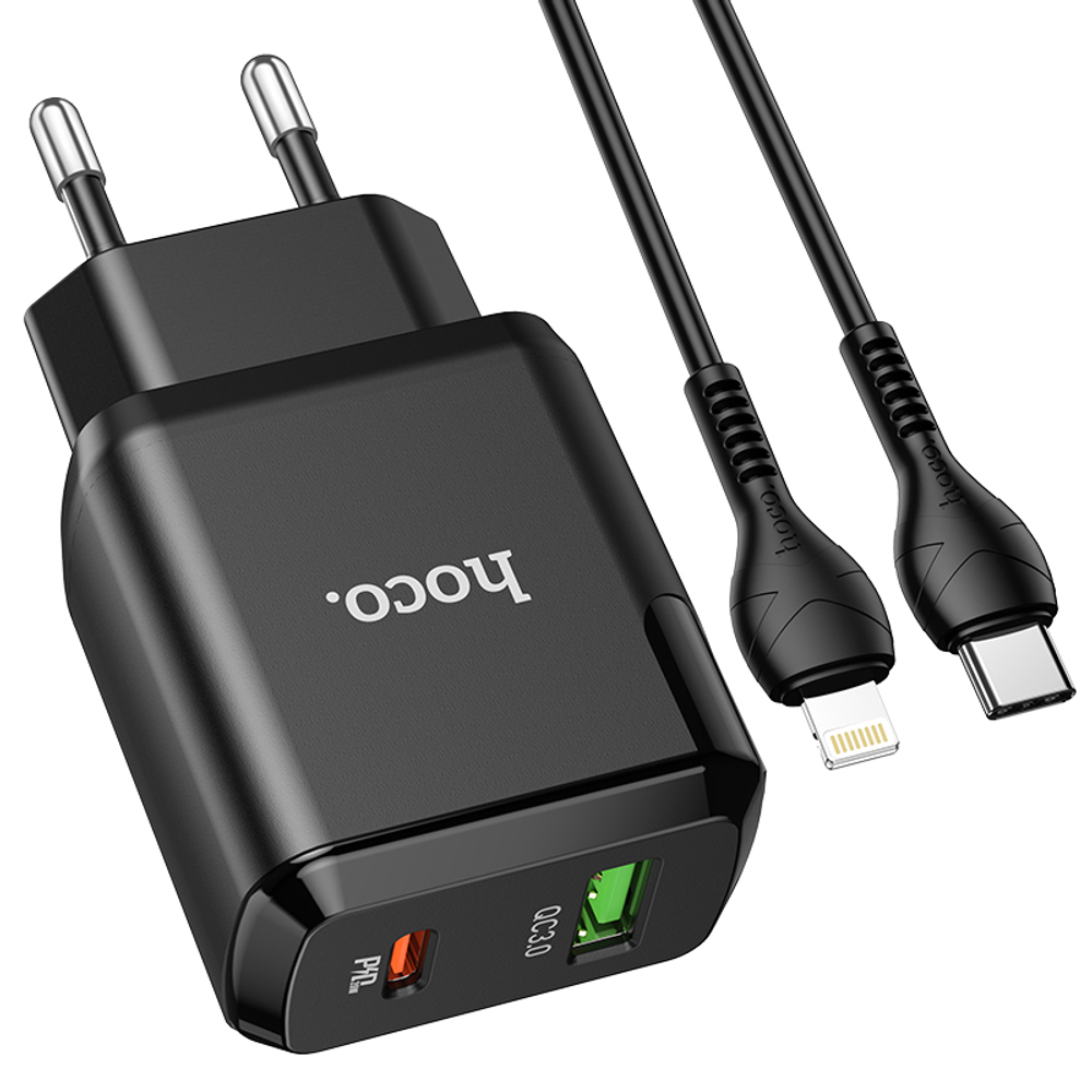 Адаптер питания Hoco N5 Favor dual port PD+QC 3.0 charger с кабелем Lightning to Type-C (USB: 5V max 3.0A/ 20Вт) Черный