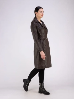 Тренч длинный кожаный с поясом плащ на весну