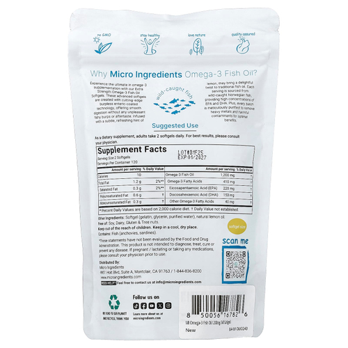 Micro Ingredients, рыбий жир с омега-3, лимон, 240 капсул (600 мг в 1 капсуле)