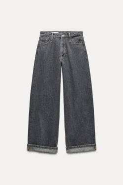 ZARA ДЖИНСЫ TRF RELAXED С НИЗКОЙ ПОСАДКОЙ И ОТВОРОТАМИ, СЕРЫЙ