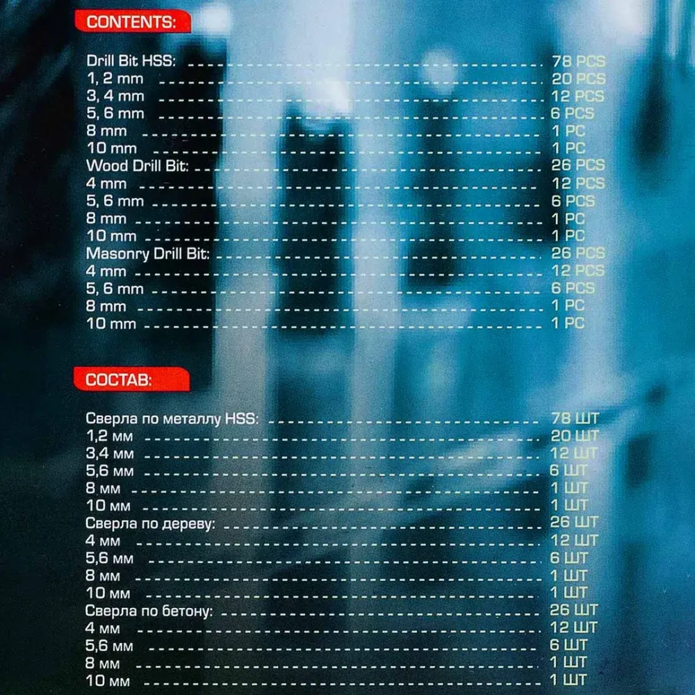 Сверла, набор комбинированный 130пр. (по металлу: 1-6, 8, 10мм, по бетону: 4-6, 8, 10мм, по дереву: 4-6, 8, 10мм) RockFORCE RF-924U130