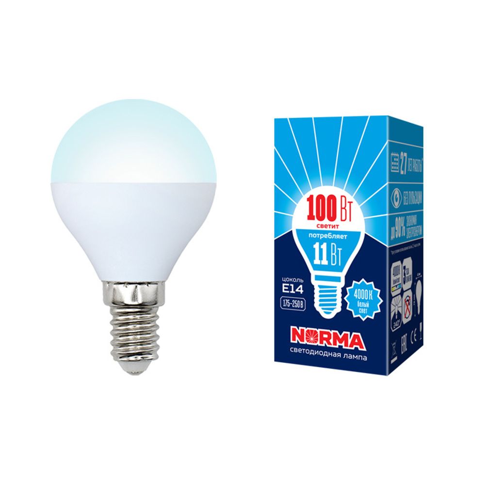 LED-G45-11W/NW/E14/FR/NR Лампа светодиодная. Форма шар, матовая. Серия Norma. Белый свет (4000K). Картон. ТМ Volpe