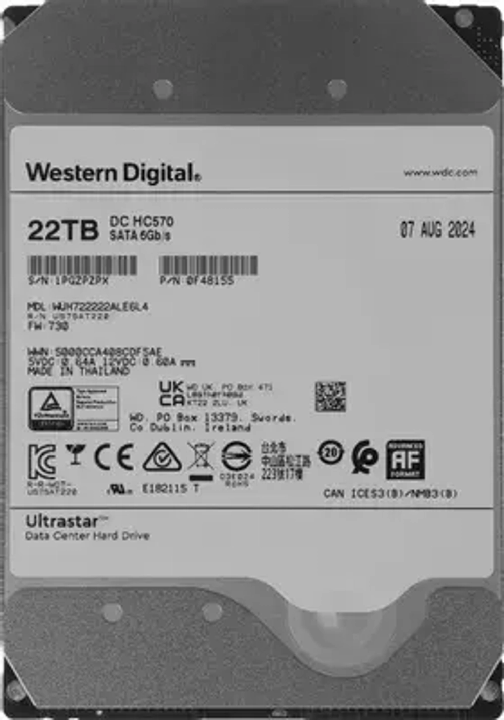 Корпоративный жесткий диск повышенной надежности HDD 22Tb WD ULTRASTAR 512MB 7200RPM SATA3 3,5" WUH722422ALE6L4