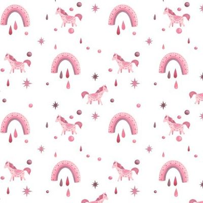 Pattern with pink unicorn pony and rainbow