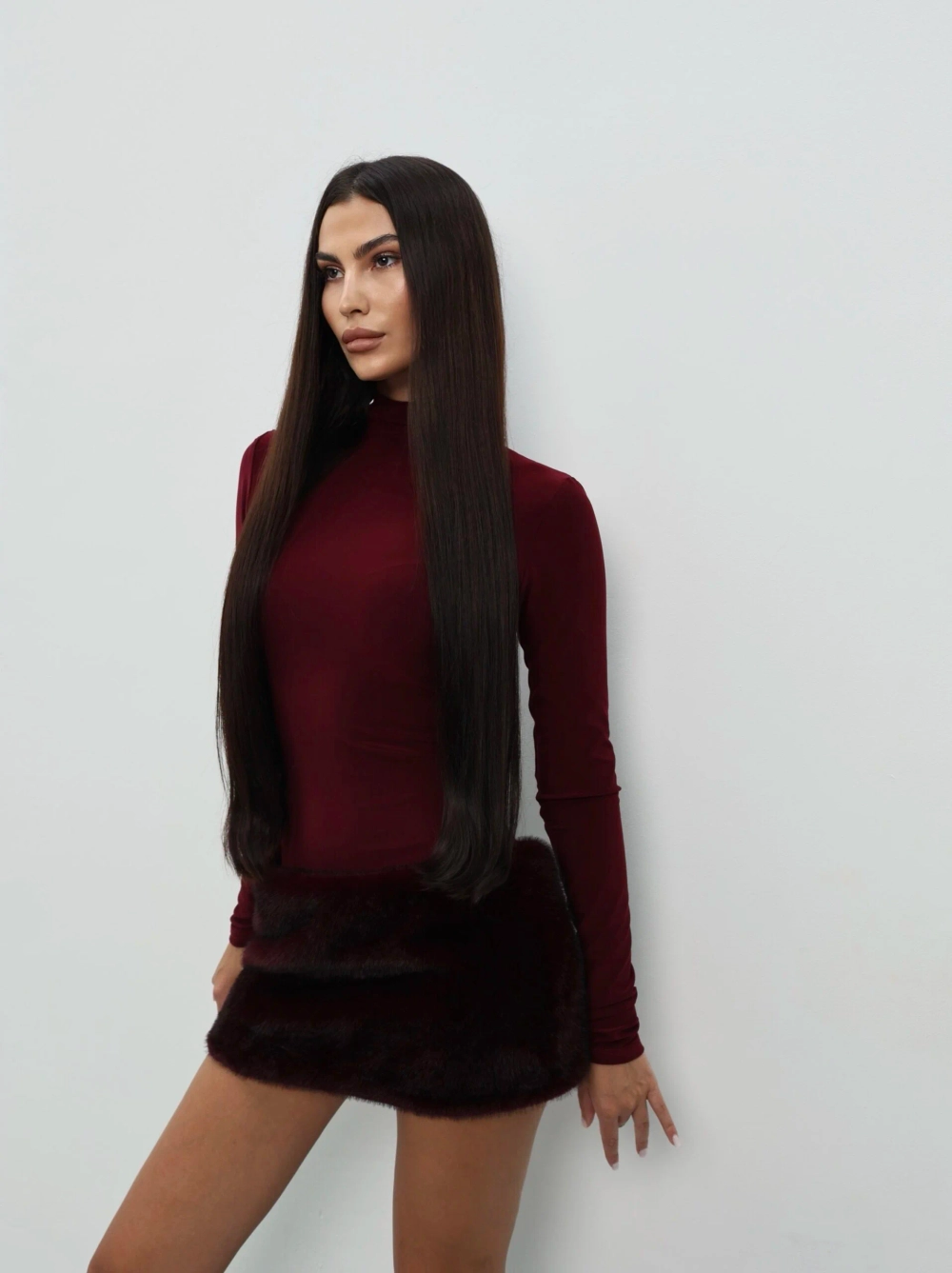 Платье с мехом, Бордовое
