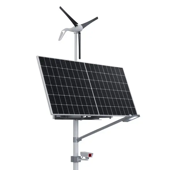 Автономная система видеонаблюдения с освещением на опоре (солнечная панель 585 Вт + ветрогенератор 400 Вт)