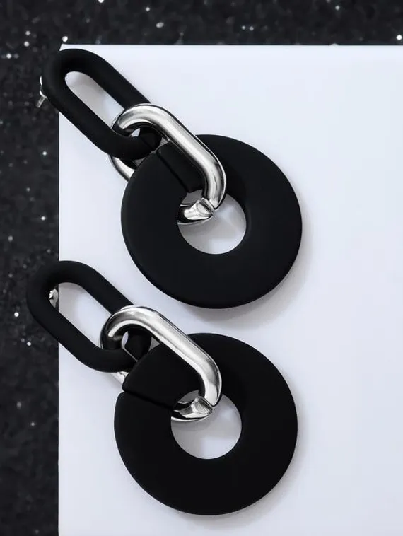 Серьги металл "Цепь" кольца, 3 звена, цвет серебристо-чёрный