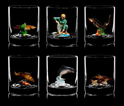 Подарочный набор "Русская Рыбалка" в футляре из ореха. Шесть бокалов. (Вариант 1)