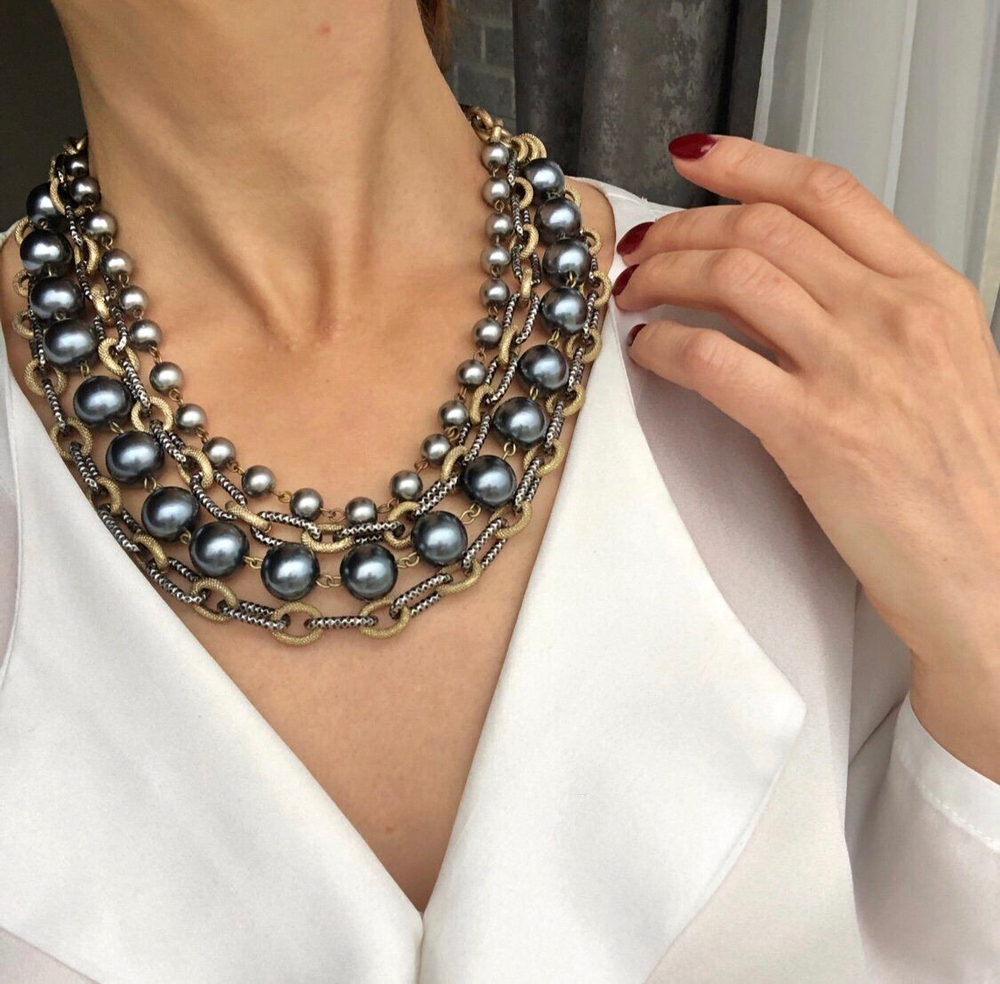 Колье многосл./биколор/жемчуг серый