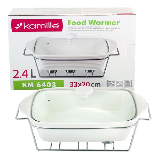 Мармит керамический прямоугольный 2,4 л. Kamille КМ-6403 со стеклянной крышкой на хромированной подставке