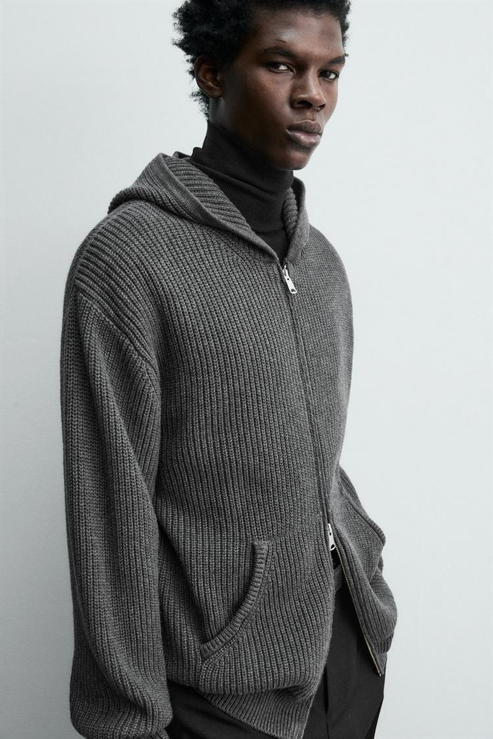 ZARA КАРДИГАН ИЗ ХЛОПКА И ШЕРСТИ С КАПЮШОНОМ, СЕРЫЙ МЕЛАНЖ