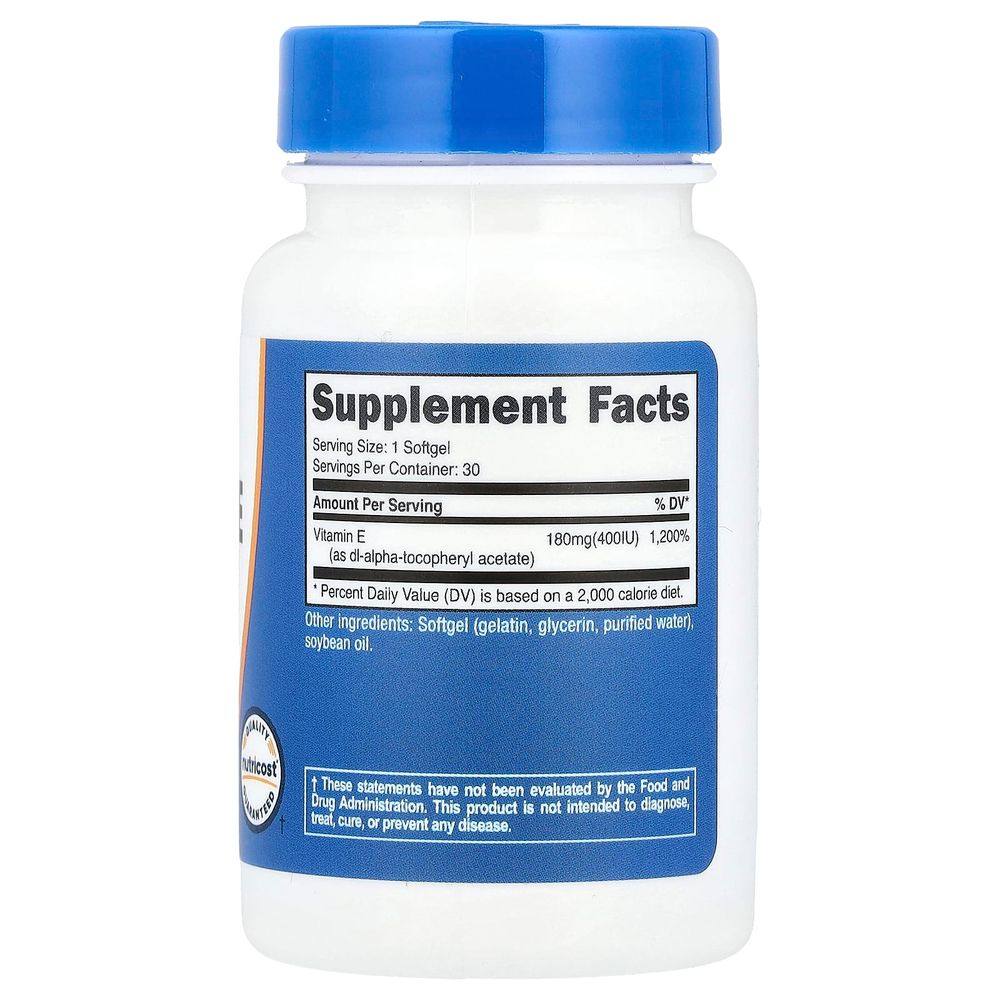 Nutricost, Витамин E, 180 мг (400 МЕ), 30 мягких таблеток