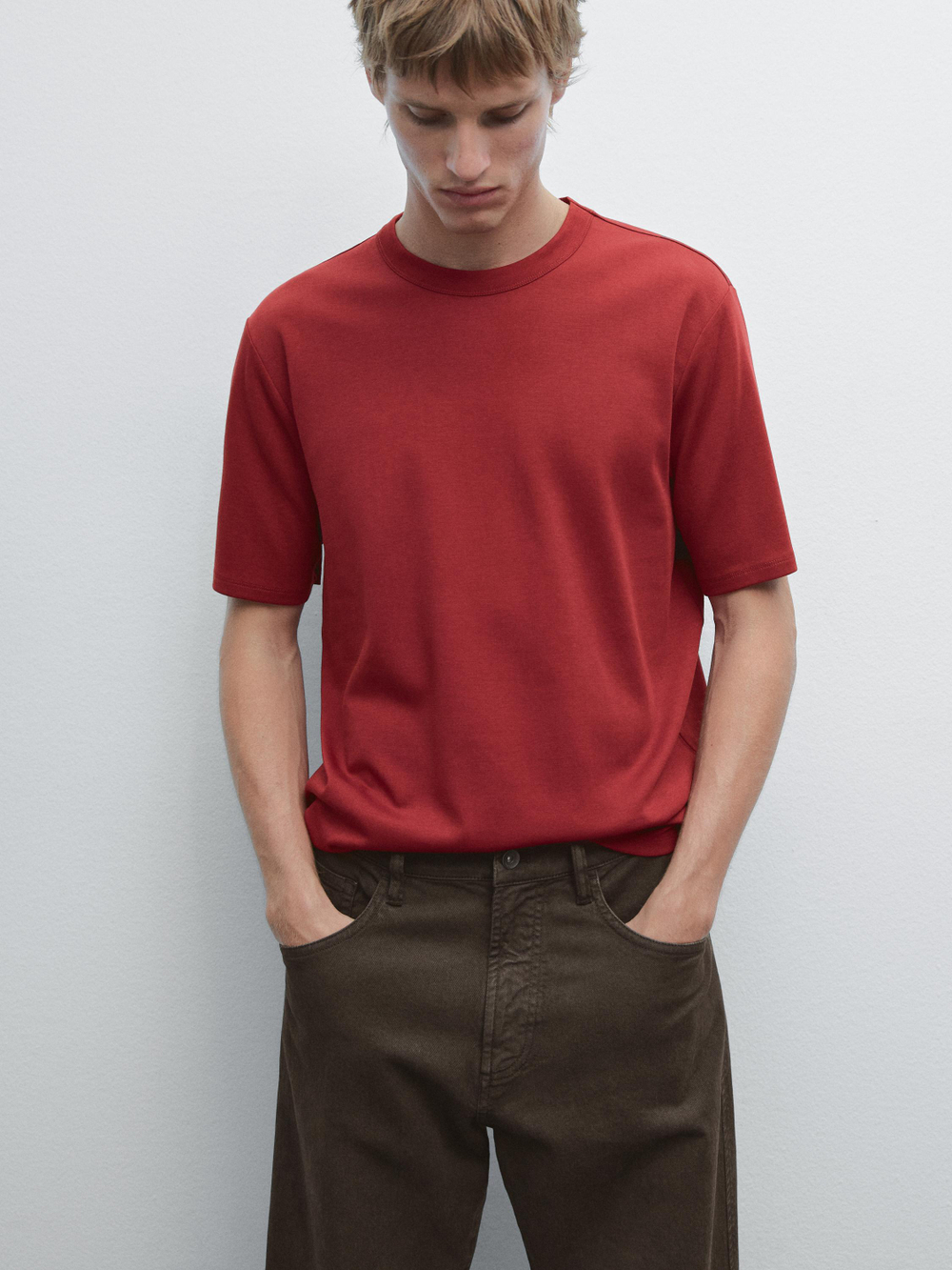 Massimo Dutti Футболка из смесового хлопка, гранатовый