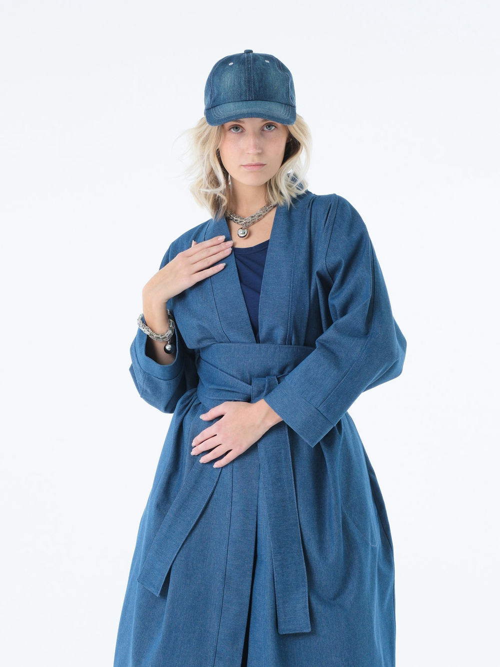 Кафтан /джинс / синий+ кушак