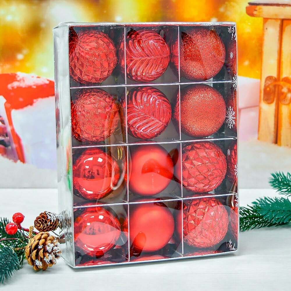 Шар новогодний 12шт 6см, цвет красный, пластик