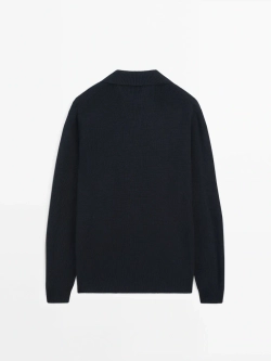 Massimo Dutti Хлопковый свитер с воротником поло, темно-синий