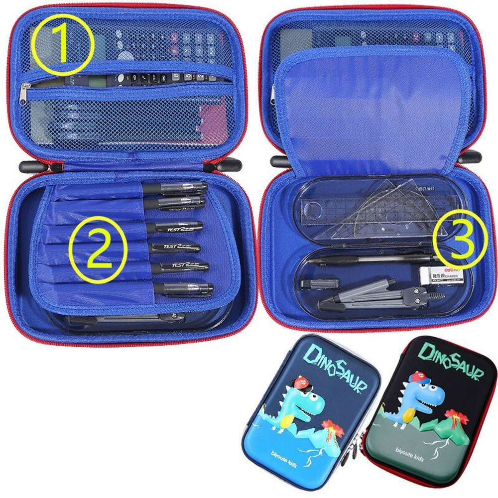 Пенал школьный с динозавром в школу для девочек мальчиков с 3д рисунком на молнии,  голубой