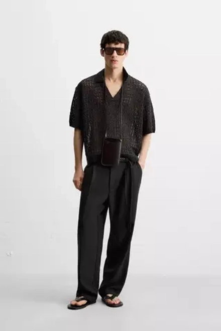 ZARA АЖУРНОЕ ТРИКОТАЖНОЕ ПОЛО, УГОЛЬНЫЙ