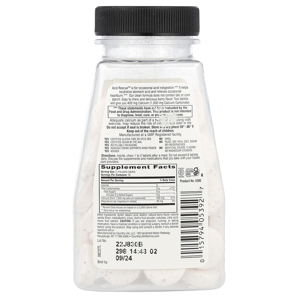 Country Life, Acid Rescue, карбонат кальция, ягодный вкус, 60 жевательных таблеток