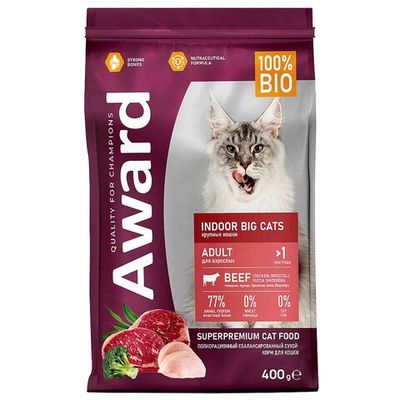 Сухой корм для кошек AWARD Indoor Big cats с говядиной и курицей с добавлением брокколи и юкки Шидигера, Пакет 400 г